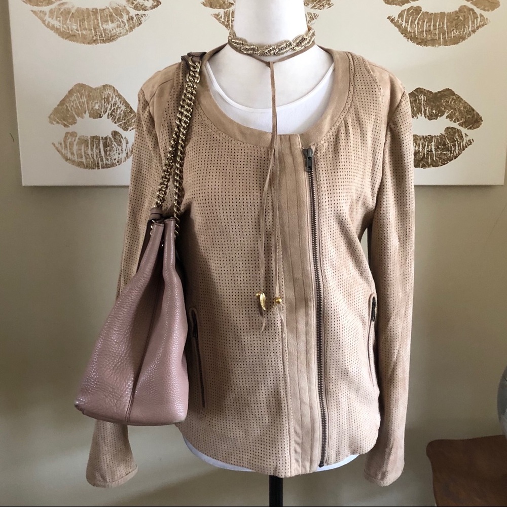 Super Soft Tan Faux Suede Moto Style Jacket L